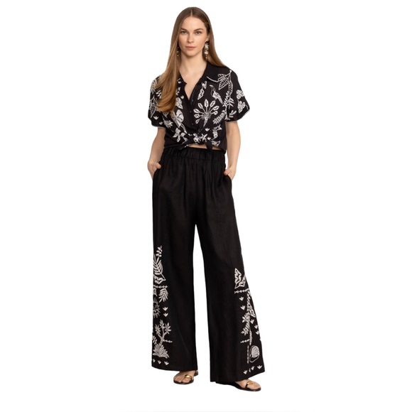 Johnny Was Pants - Johnny Was‎ Workshop Luciana Linen Wide Leg Pants XS Black Embroidered Celestial